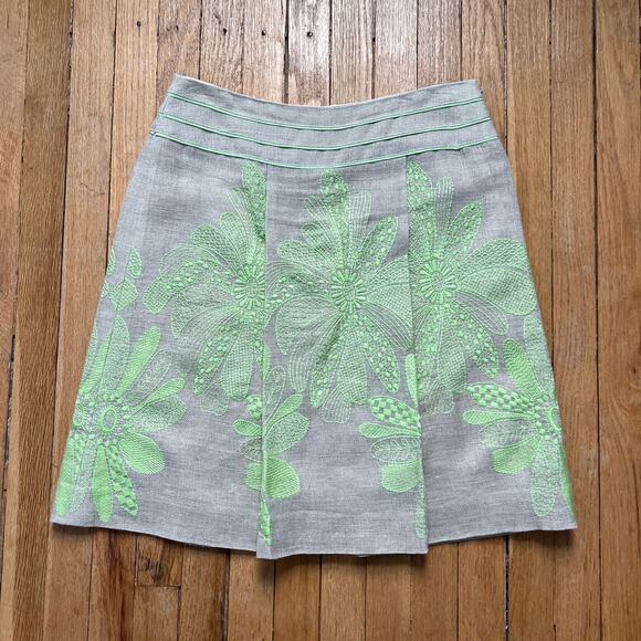 Carlisle Linen & Silk Embroidered Skirt Pleated‎ Floral Tan Green Size 8 - Picture 1 of 11